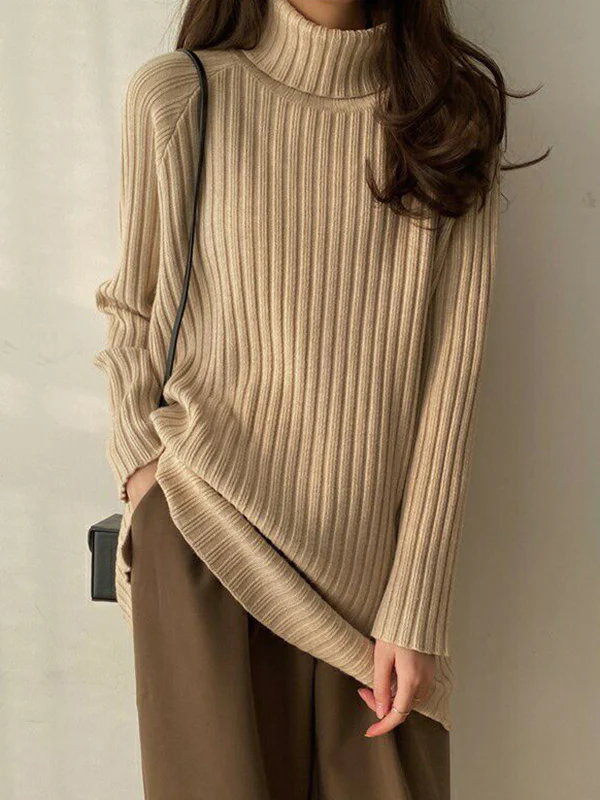 Casual Long Sleeves Loose Split-Side Solid Color High-Neck Sweater Tops - Image 7