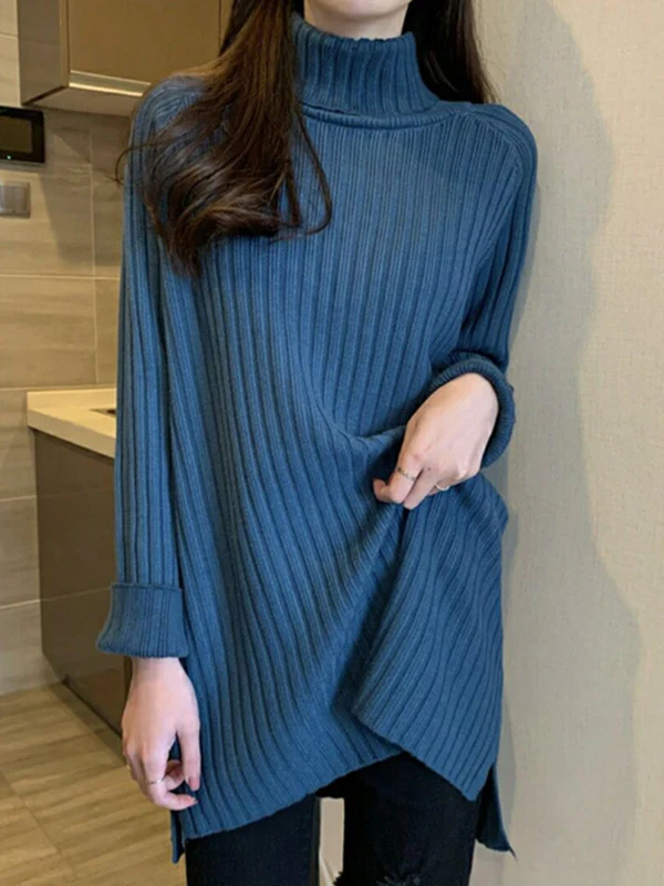 Casual Long Sleeves Loose Split-Side Solid Color High-Neck Sweater Tops - Image 8