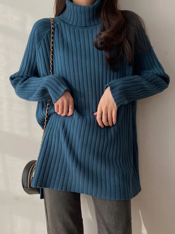 Casual Long Sleeves Loose Split-Side Solid Color High-Neck Sweater Tops - Image 9