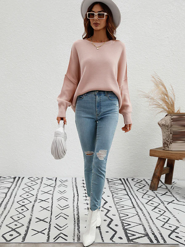 Casual Long Sleeves Loose Split-Side Solid Color Round-Neck Sweater Tops - Image 10