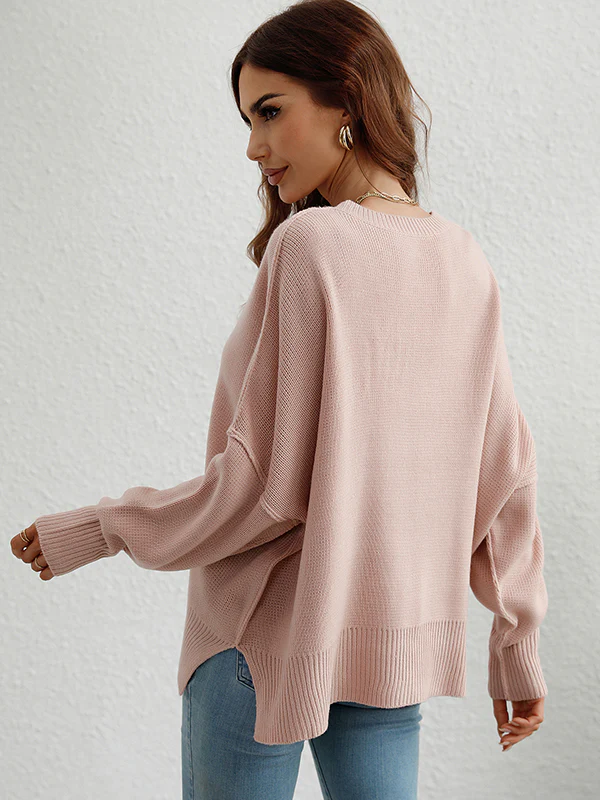 Casual Long Sleeves Loose Split-Side Solid Color Round-Neck Sweater Tops - Image 14