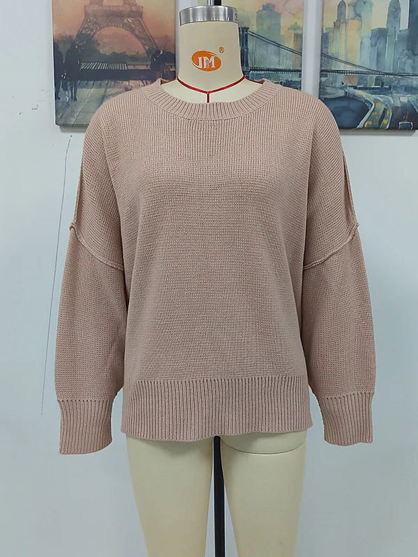Casual Long Sleeves Loose Split-Side Solid Color Round-Neck Sweater Tops - Image 15