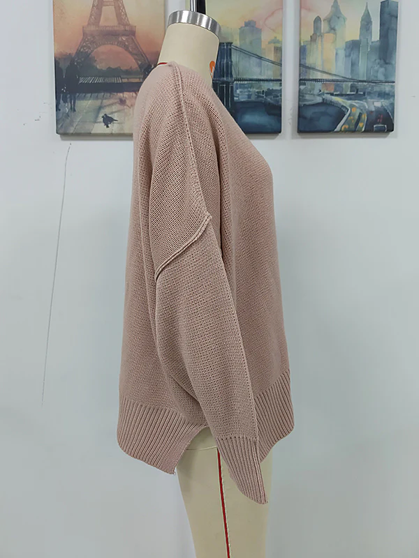 Casual Long Sleeves Loose Split-Side Solid Color Round-Neck Sweater Tops - Image 16