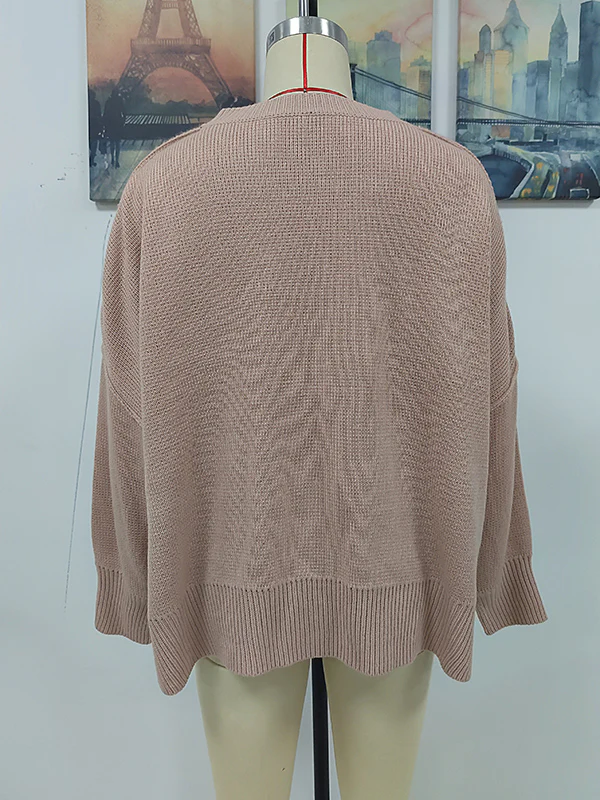 Casual Long Sleeves Loose Split-Side Solid Color Round-Neck Sweater Tops - Image 17