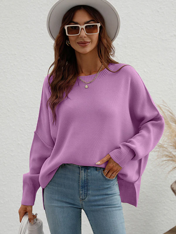 Casual Long Sleeves Loose Split-Side Solid Color Round-Neck Sweater Tops - Image 4