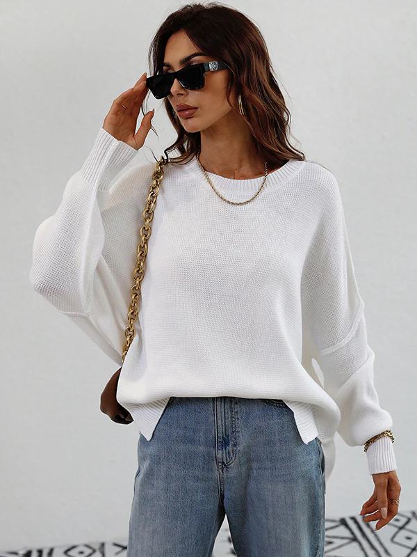 Casual Long Sleeves Loose Split-Side Solid Color Round-Neck Sweater Tops - Image 5
