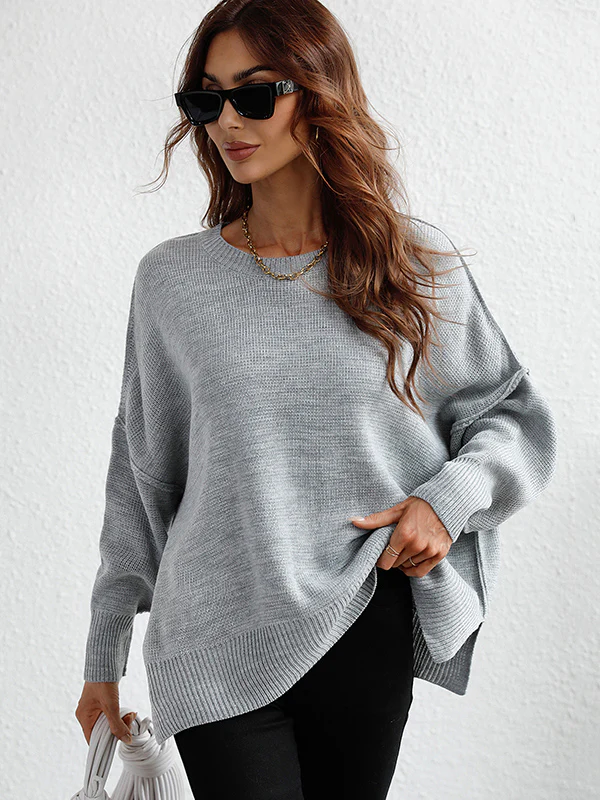 Casual Long Sleeves Loose Split-Side Solid Color Round-Neck Sweater Tops - Image 6