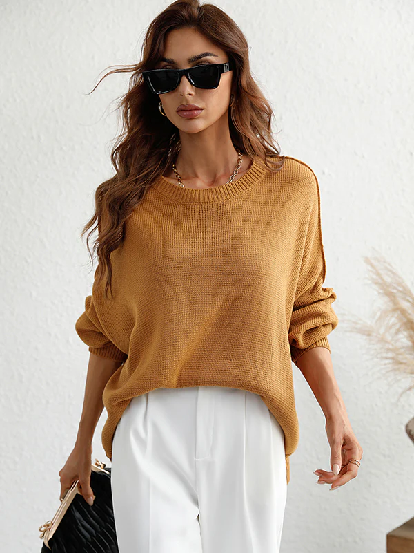 Casual Long Sleeves Loose Split-Side Solid Color Round-Neck Sweater Tops - Image 8