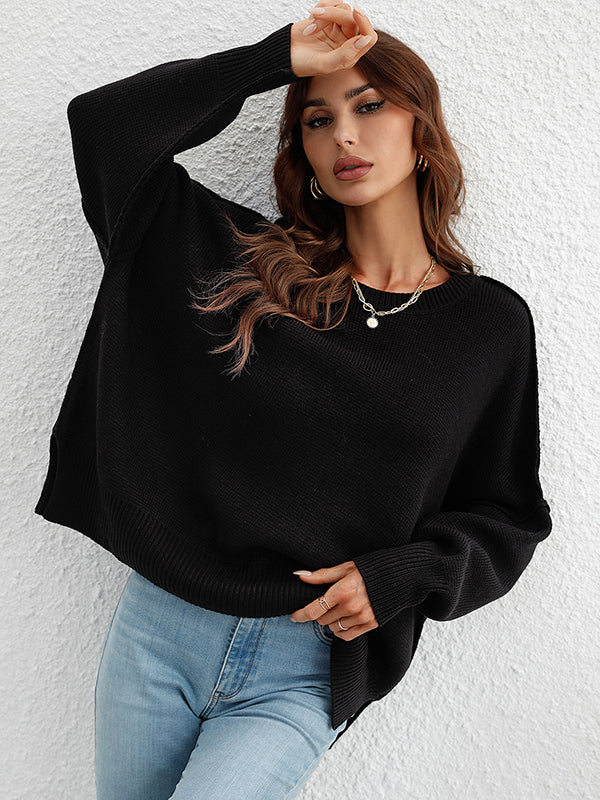 Casual Long Sleeves Loose Split-Side Solid Color Round-Neck Sweater Tops - Image 9