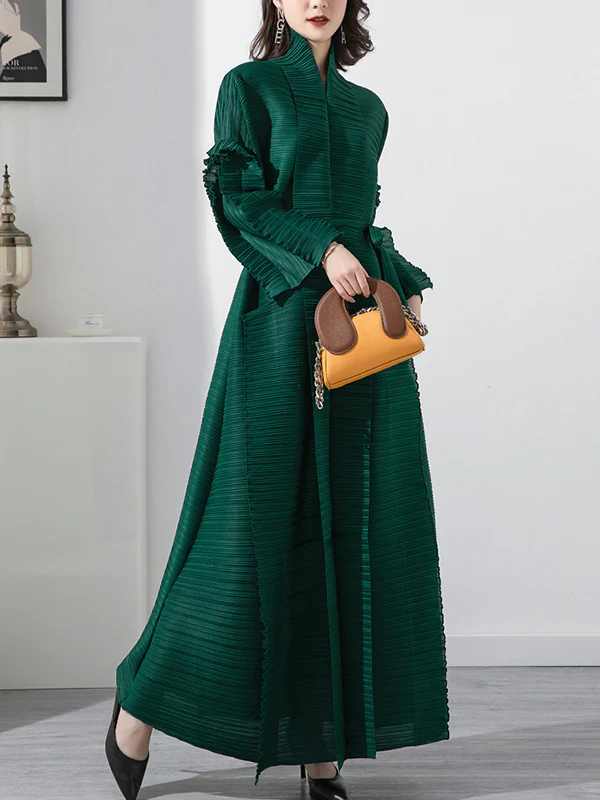Casual Long Sleeves Loose Tied Pleated Stand Collar Midi Dresses - Image 10