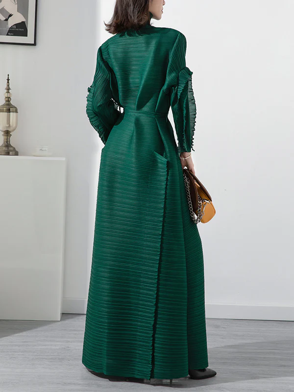 Casual Long Sleeves Loose Tied Pleated Stand Collar Midi Dresses - Image 11