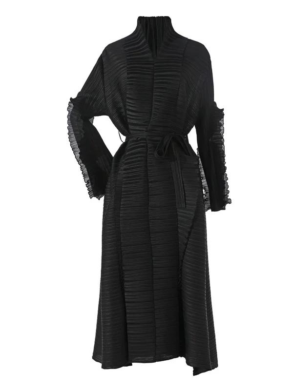 Casual Long Sleeves Loose Tied Pleated Stand Collar Midi Dresses - Image 12