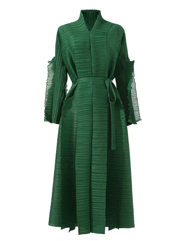 Casual Long Sleeves Loose Tied Pleated Stand Collar Midi Dresses - Image 13