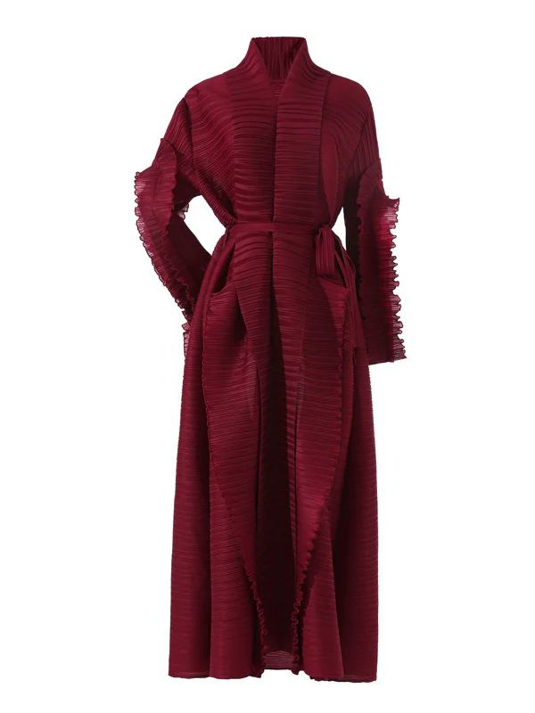 Casual Long Sleeves Loose Tied Pleated Stand Collar Midi Dresses - Image 14