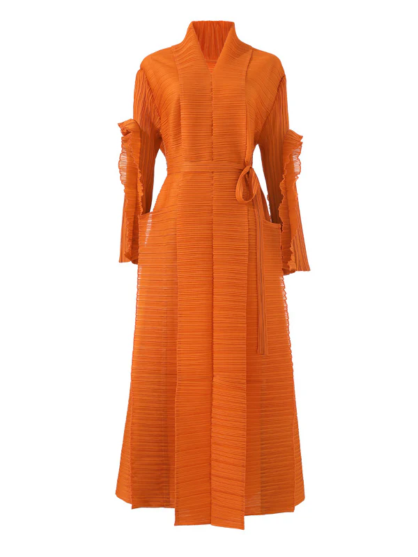 Casual Long Sleeves Loose Tied Pleated Stand Collar Midi Dresses - Image 15