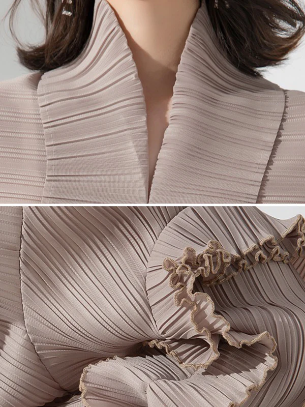 Casual Long Sleeves Loose Tied Pleated Stand Collar Midi Dresses - Image 16