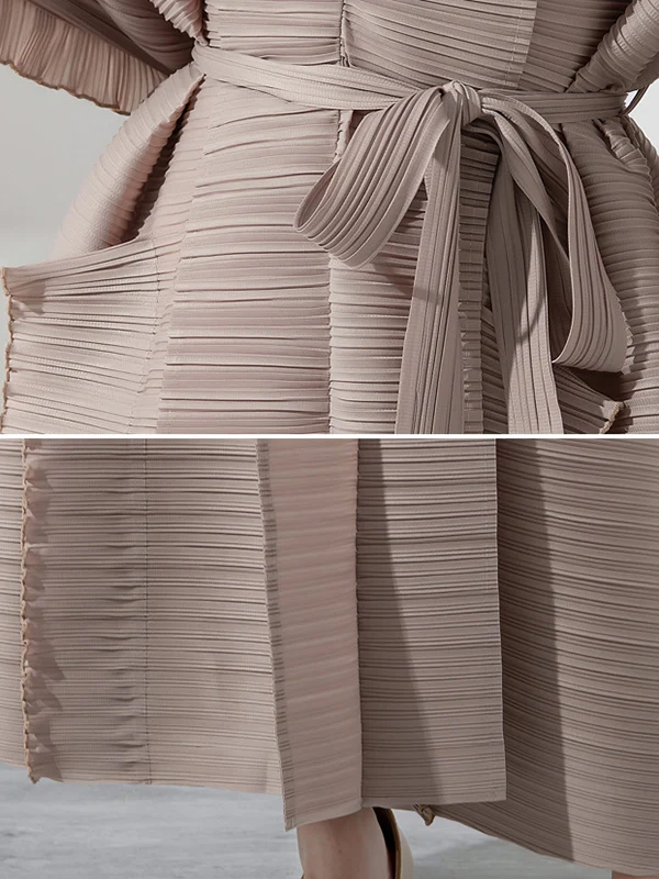 Casual Long Sleeves Loose Tied Pleated Stand Collar Midi Dresses - Image 17