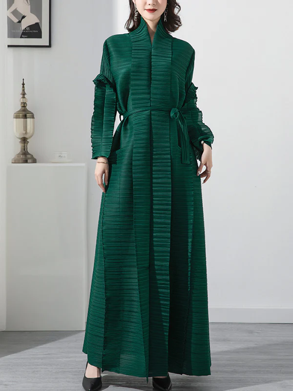 Casual Long Sleeves Loose Tied Pleated Stand Collar Midi Dresses - Image 2