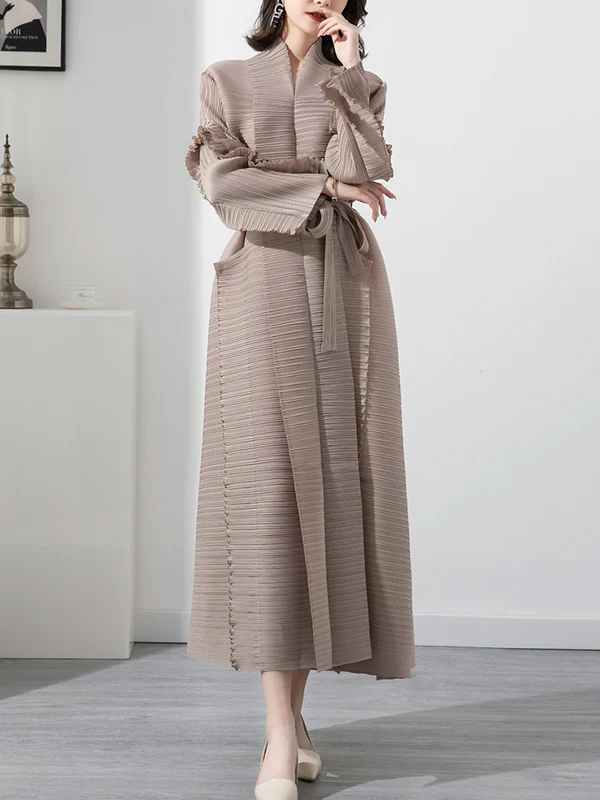 Casual Long Sleeves Loose Tied Pleated Stand Collar Midi Dresses - Image 3
