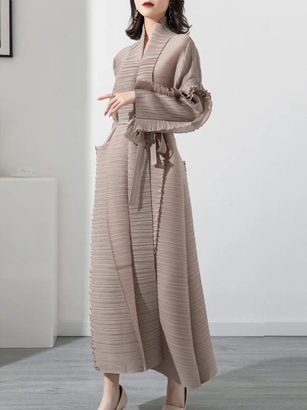 Casual Long Sleeves Loose Tied Pleated Stand Collar Midi Dresses - Image 4