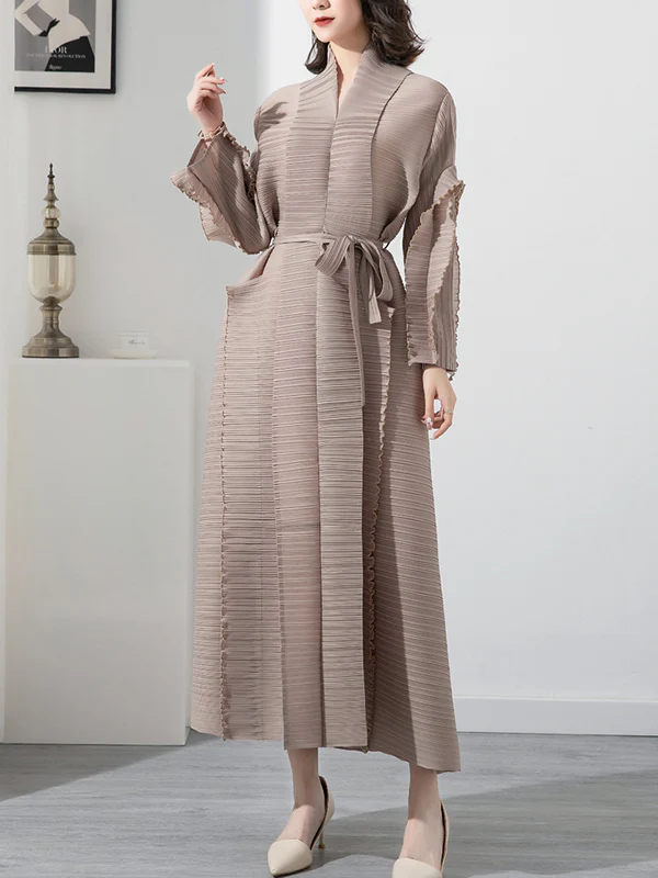Casual Long Sleeves Loose Tied Pleated Stand Collar Midi Dresses - Image 5