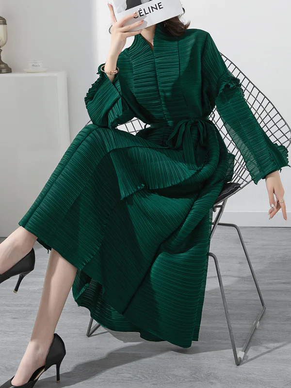 Casual Long Sleeves Loose Tied Pleated Stand Collar Midi Dresses - Image 6