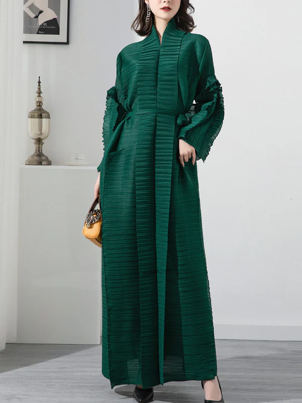 Casual Long Sleeves Loose Tied Pleated Stand Collar Midi Dresses - Image 7