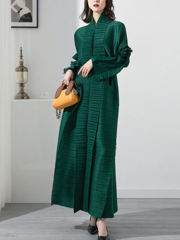 Casual Long Sleeves Loose Tied Pleated Stand Collar Midi Dresses - Image 8