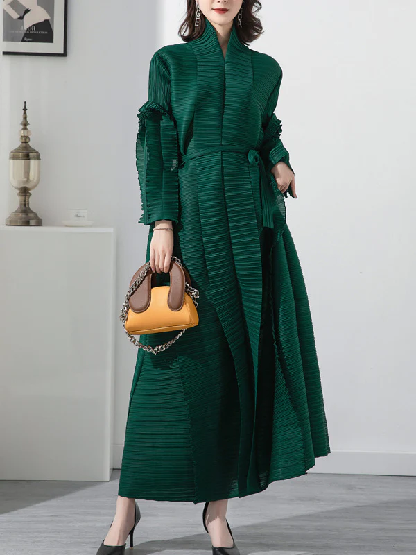 Casual Long Sleeves Loose Tied Pleated Stand Collar Midi Dresses - Image 9
