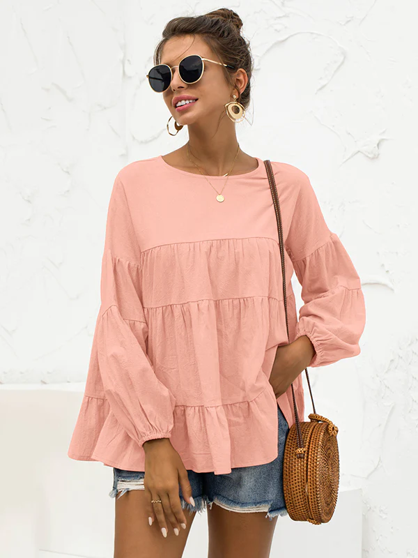 Casual Long Sleeves Puff Sleeves Solid Color Round-Neck T-Shirts Tops - Image 10