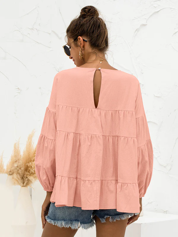 Casual Long Sleeves Puff Sleeves Solid Color Round-Neck T-Shirts Tops - Image 11