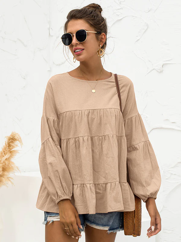 Casual Long Sleeves Puff Sleeves Solid Color Round-Neck T-Shirts Tops - Image 2