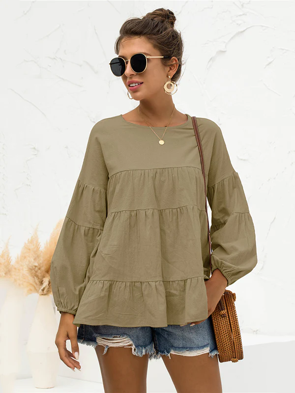 Casual Long Sleeves Puff Sleeves Solid Color Round-Neck T-Shirts Tops - Image 3
