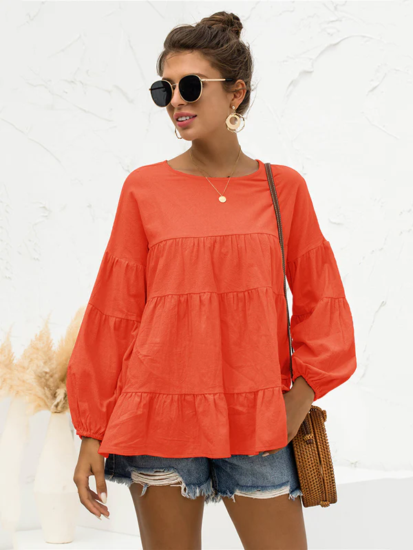 Casual Long Sleeves Puff Sleeves Solid Color Round-Neck T-Shirts Tops - Image 4