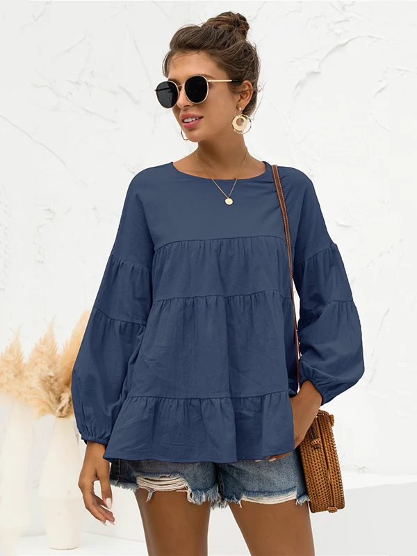 Casual Long Sleeves Puff Sleeves Solid Color Round-Neck T-Shirts Tops - Image 5
