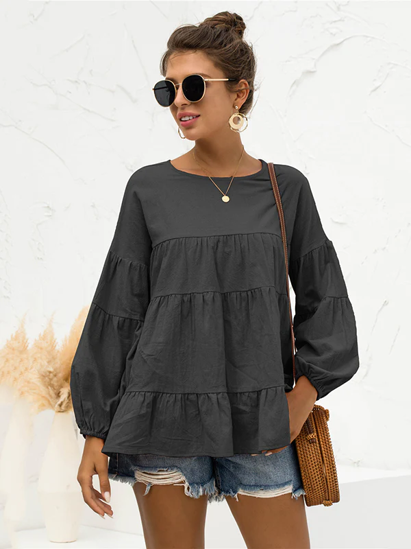 Casual Long Sleeves Puff Sleeves Solid Color Round-Neck T-Shirts Tops - Image 6