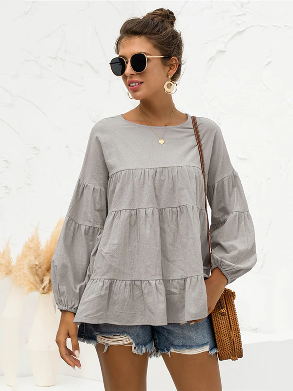 Casual Long Sleeves Puff Sleeves Solid Color Round-Neck T-Shirts Tops - Image 7