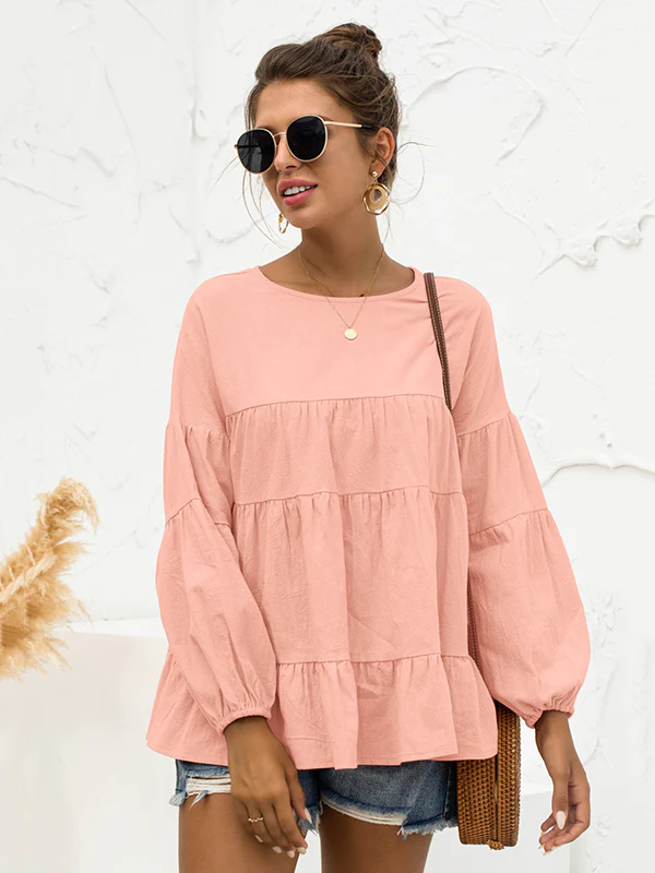 Casual Long Sleeves Puff Sleeves Solid Color Round-Neck T-Shirts Tops - Image 8