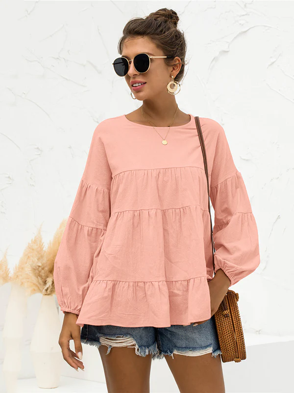 Casual Long Sleeves Puff Sleeves Solid Color Round-Neck T-Shirts Tops - Image 9