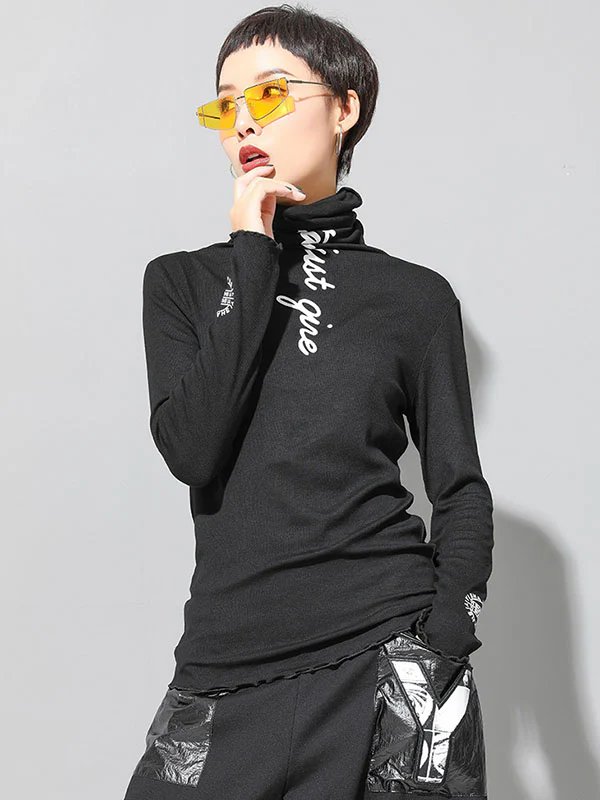 Casual Long Sleeves Skinny Letter Print Solid Color High-Neck T-Shirts Tops - Image 2