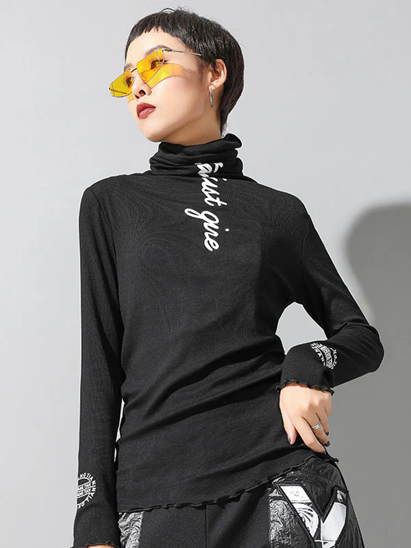 Casual Long Sleeves Skinny Letter Print Solid Color High-Neck T-Shirts Tops - Image 3