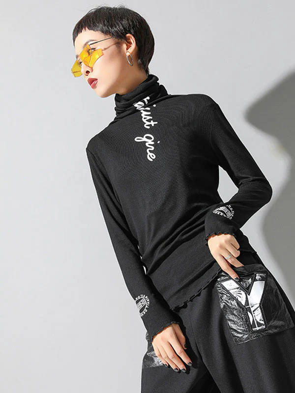 Casual Long Sleeves Skinny Letter Print Solid Color High-Neck T-Shirts Tops - Image 4