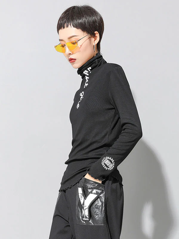 Casual Long Sleeves Skinny Letter Print Solid Color High-Neck T-Shirts Tops - Image 5