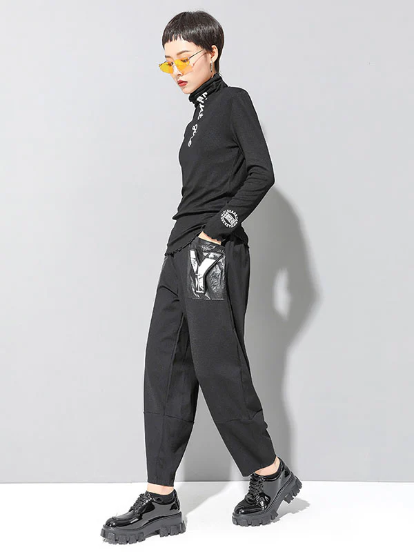 Casual Long Sleeves Skinny Letter Print Solid Color High-Neck T-Shirts Tops - Image 9
