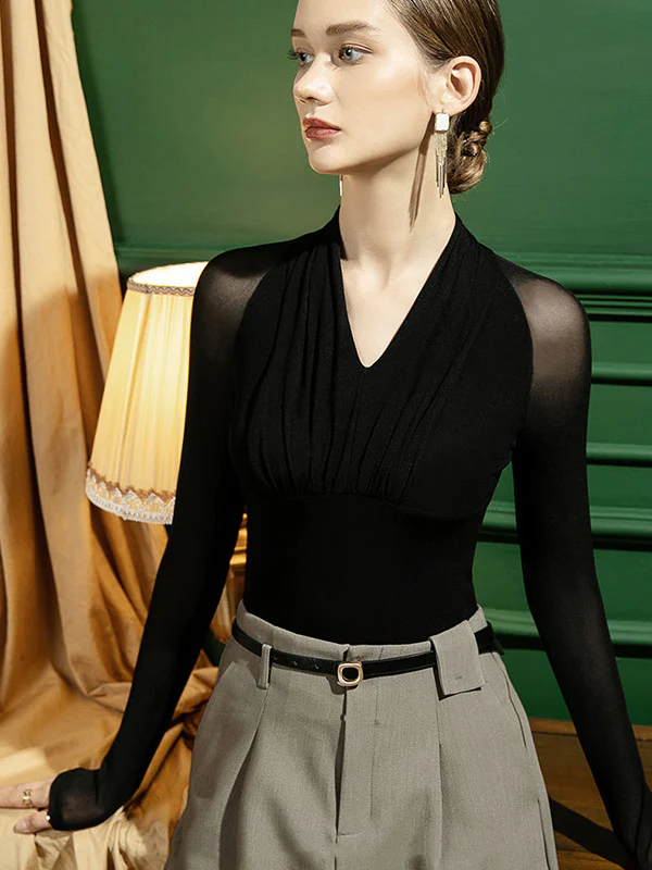 Casual Long Sleeves Skinny Mesh Pleated Split-Joint V-Neck T-Shirts Tops - Image 3