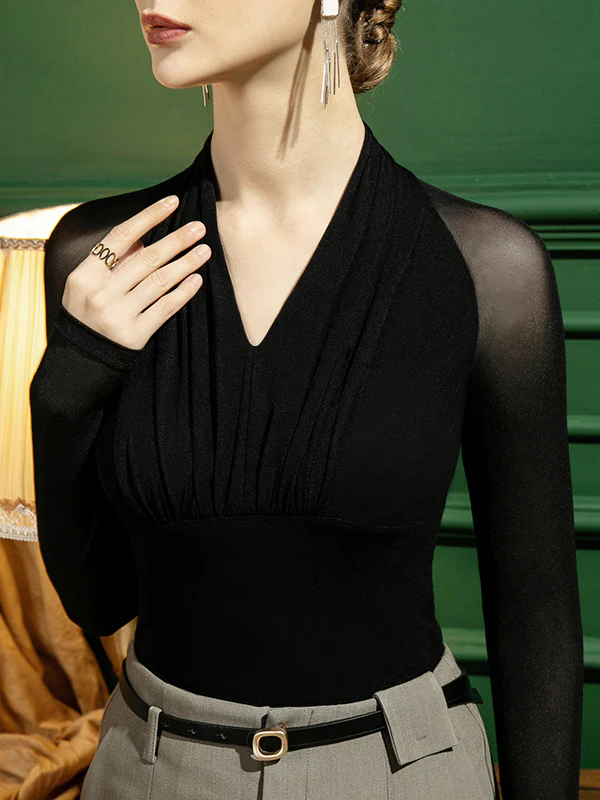Casual Long Sleeves Skinny Mesh Pleated Split-Joint V-Neck T-Shirts Tops - Image 4