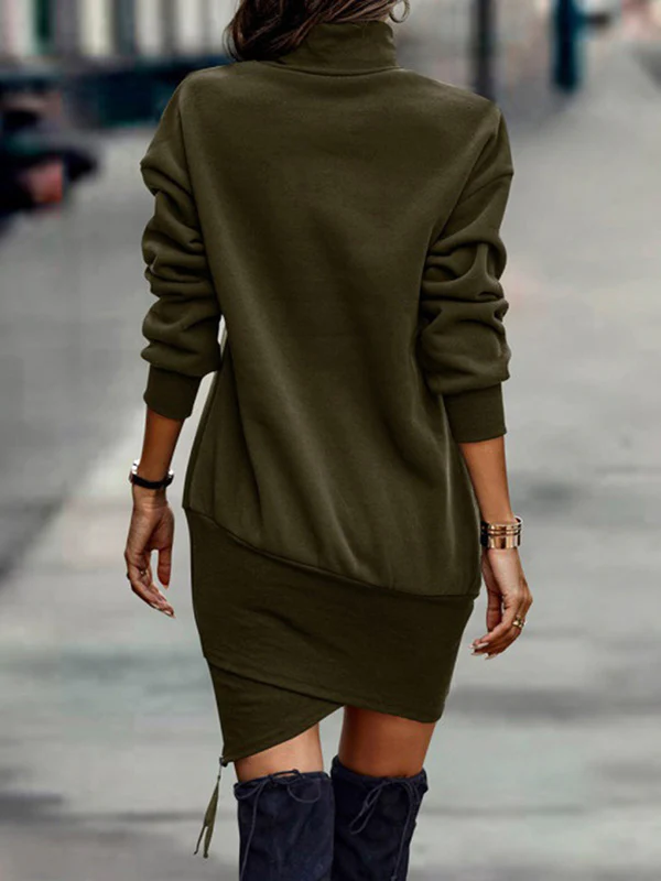 Casual Long Sleeves Solid Color High-Neck Mini Dresses - Image 7