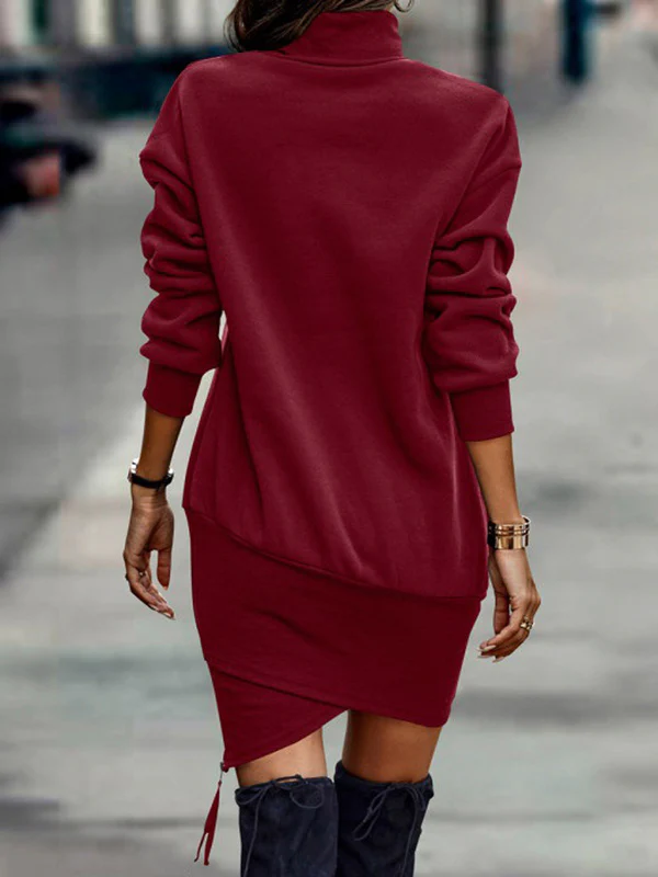 Casual Long Sleeves Solid Color High-Neck Mini Dresses - Image 8