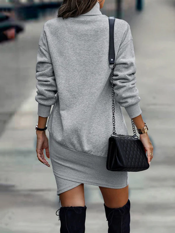 Casual Long Sleeves Solid Color High-Neck Mini Dresses - Image 9