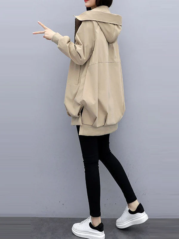 Casual Loose 4 Colors Pleated Zipper Hooded Long Sleeves Outwear - Image 10